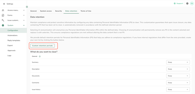 Custom retention periods