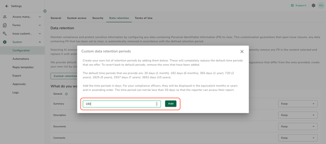 Custom data retention period