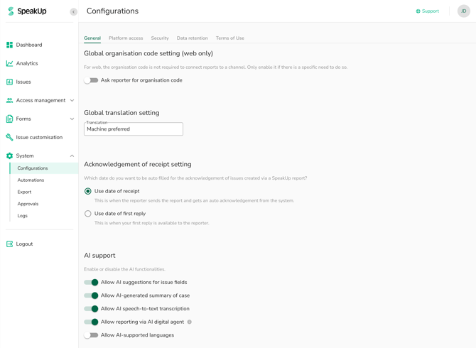 System - Configurations -  General - Enabled