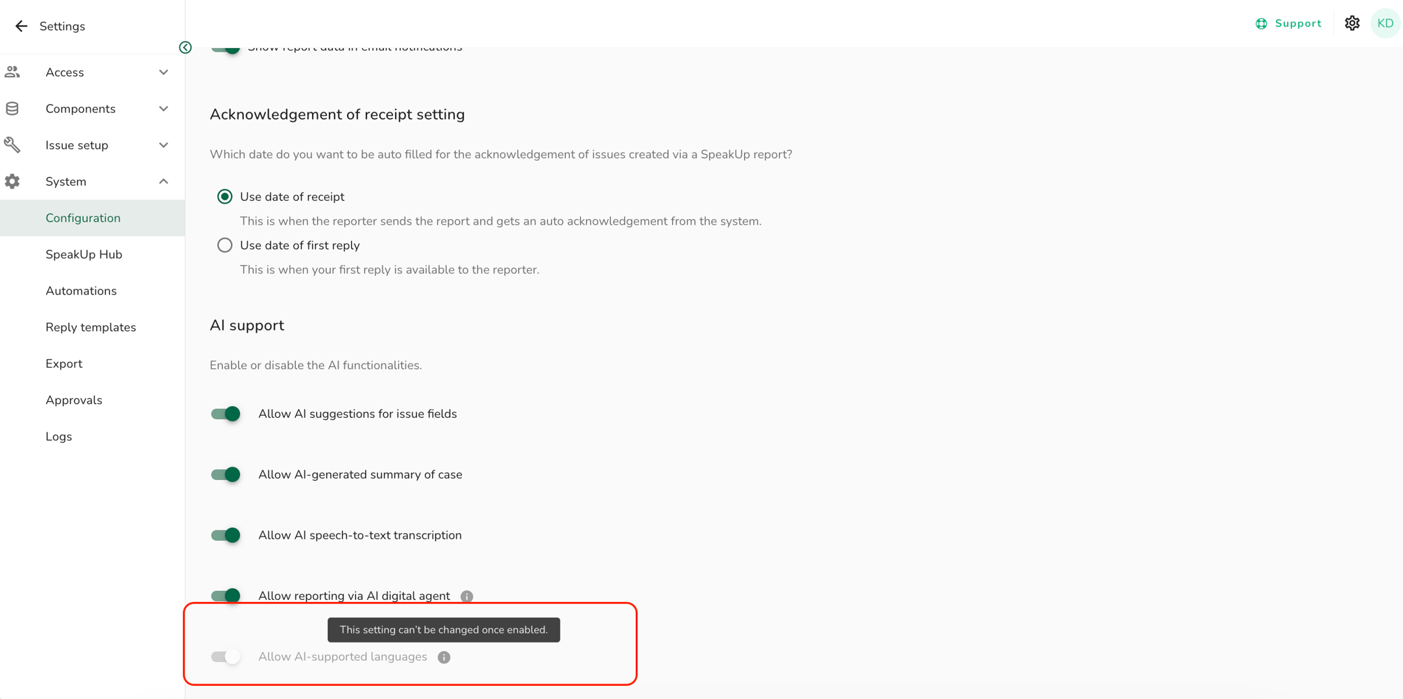 How do I enable the Adaptive AI language translation model?