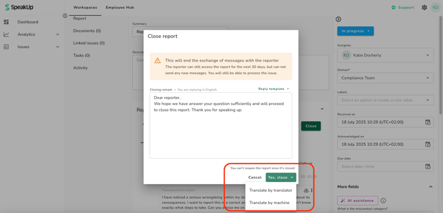 close report warning -1