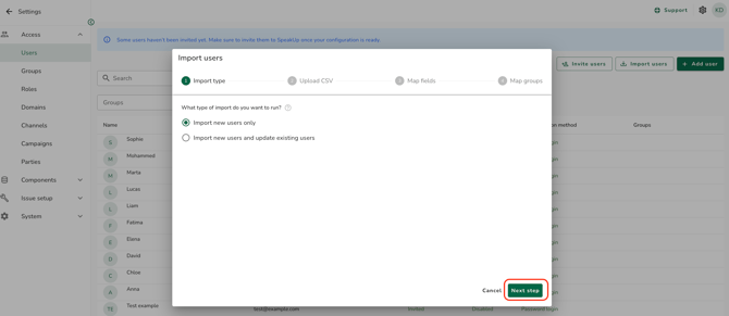 import user next step
