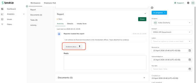 report page with document