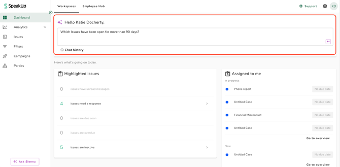 sienna chat dashboard wquestion