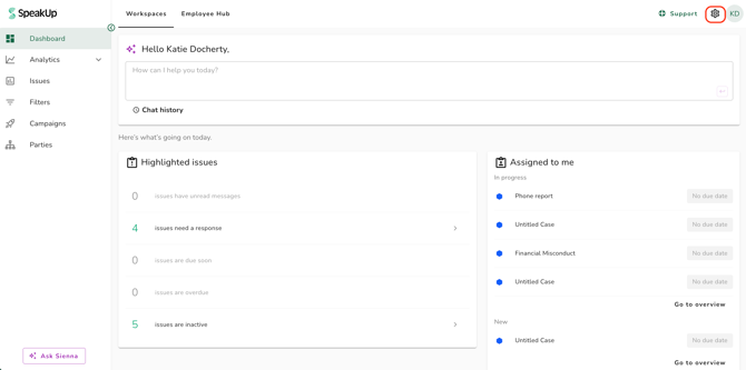 sienna settings page